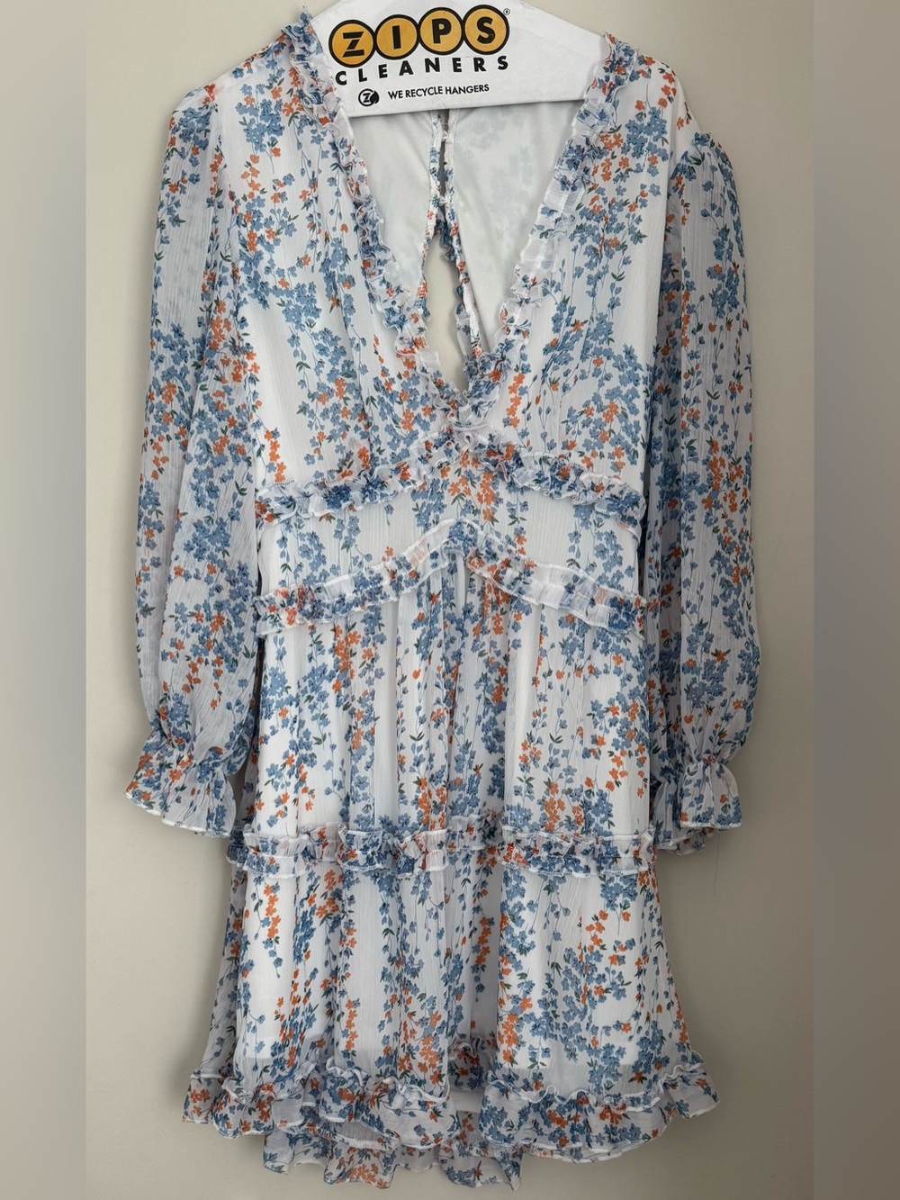 Selfie Leslie White Floral Tiered Mini Dress with Blue and Orange Print